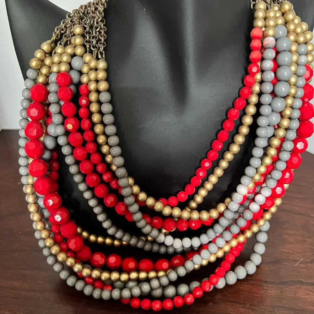 Red,‎ Gray & Gold Bed Multi-Strand Statement Necklace (BEAUTIFUL!)